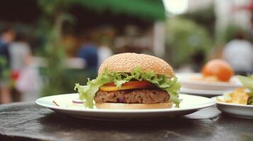 fromage Burger - américain fromage Burger avec d'or français frites sur en bois tableau, génératif ai photo