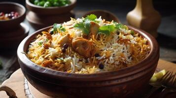 biryani riz dans bol, desi nourriture Indien biryani dans bol, génératif ai photo