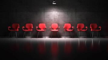 rouge chaises dans une rangée dans une conférence chambre, emploi entretien concept, génératif ai photo