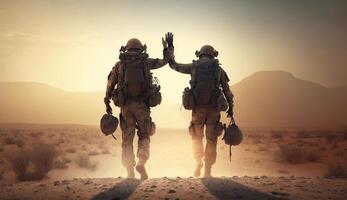 retour vue de soldats à désert, la victoire bataille soldats, génératif ai photo