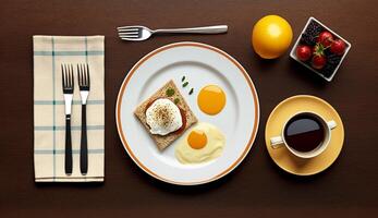 Haut vue de en bonne santé petit déjeuner avec frit œuf, omelette et des fruits sur une en bois arrière-plan, génératif ai photo