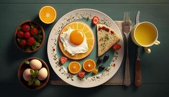 Haut vue de en bonne santé petit déjeuner avec frit œuf, omelette et des fruits sur une en bois arrière-plan, génératif ai photo