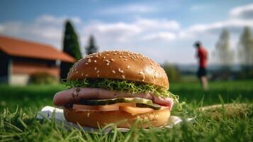 fermer de Hamburger sur en bois table avec flou arrière-plan, génératif ai photo