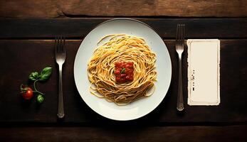 Haut vue de spaghetti Pâtes avec tomate sauce et basilic sur en bois table arrière-plan, génératif ai photo