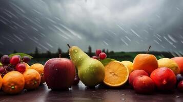 pluvieux l'automne paysage avec gouttes de pluie chute sur des fruits, génératif ai. photo