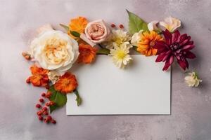 plat carte avec blanc espace et coloré fleurs sur une lumière mur génératif ai photo