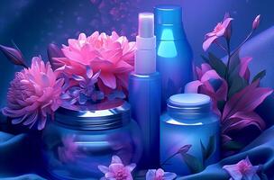 cosmétique ensemble de bleu bouteilles avec violet violet et orchidées génératif ai photo