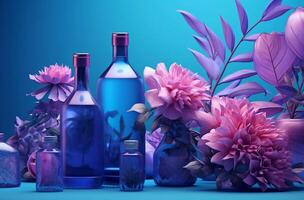 cosmétique ensemble de bleu bouteilles avec violet violet et orchidées génératif ai photo