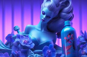 cosmétique ensemble de bleu bouteilles avec violet violet et orchidées génératif ai photo