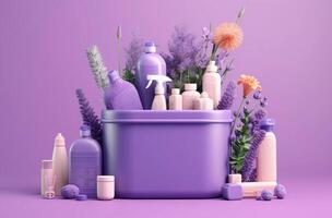 divers lavande cosmétique des produits et des produits sur une violet arrière-plan, dans le style de daz3d, sarcelle et violet génératif ai photo