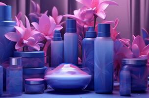 cosmétique ensemble de bleu bouteilles avec violet violet et orchidées génératif ai photo