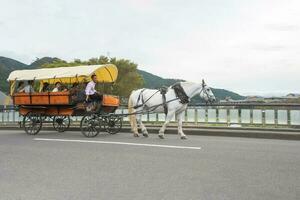 Yufuin, Oita, Kyushu, Japon - octobre 14, 2018 le touristique sur le cheval le chariot balade autour Yufuin, rivière et yufu Montagne Contexte photo