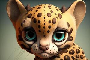 3d mignonne gros œil ocelot dessin animé. ai généré photo