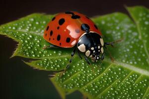 ai généré coccinelle sur une feuille. le brillant rouge et noir polka points de le coccinelle contraste magnifiquement contre le vert feuille Contexte. photo