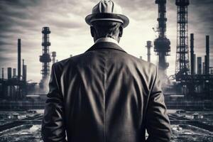 ai généré homme portant costume dans pétrole gaz industrie affaires Contexte. photo