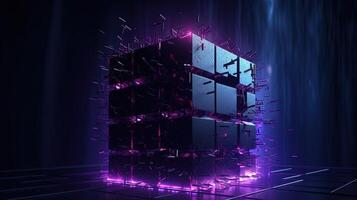 3d le rendu de noir cubes avec violet néon lumières sur noir fond.ai génératif photo