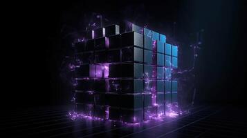 3d le rendu de noir cubes avec violet néon lumières sur noir fond.ai génératif photo