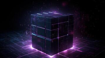 3d le rendu de noir cubes avec violet néon lumières sur noir fond.ai génératif photo