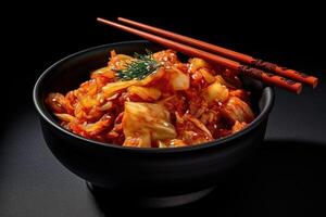 coréen nourriture, épicé Kimchi dans une bol avec baguettes.ai généré photo