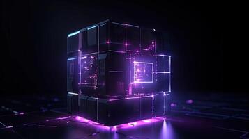 3d le rendu de noir cubes avec violet néon lumières sur noir fond.ai génératif photo