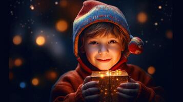 garçon avec la magie Noël boîte. illustration ai génératif photo