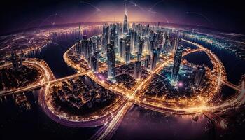 panorama aérien vue de futuriste intelligent ville réseau lien plus de nuit Infrastructure rue. génératif ai numérique illustration. photo