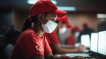 côté vue portrait de africain livraison fille employé travail à bureau dans uniforme et médical masque, travail pour courrier service. génératif ai. photo