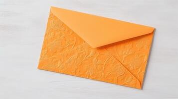 personnalisé Orange floral en relief luxe mariage ou un événement carte, enveloppes établi par génératif ai. photo