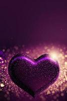 3d rendre de brillant violet pailleté cœur forme sur bokeh éclairage Contexte. l'amour concept. photo