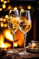 Champagne dans de face de une cheminée sur une vacances veille fête, joyeux Noël, content Nouveau année et content vacances vœux, génératif ai photo