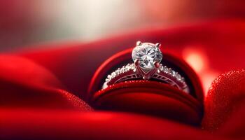 diamant engagement bague dans une luxe rouge boîte, pour mariage, anniversaire ou une vacances cadeau pour son. génératif ai photo