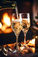 Champagne dans de face de une cheminée sur une vacances veille fête, joyeux Noël, content Nouveau année et content vacances vœux, génératif ai photo