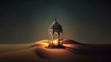 3d rendre de illuminé arabe lampe sur le sable dune. islamique religieux concept. photo