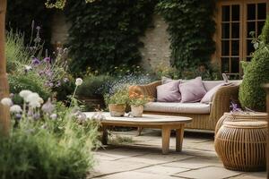 jardin meubles dans le campagne chalet Extérieur louge dans été. génératif ai photo