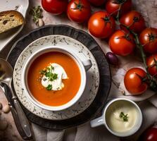 Gaspacho tomate soupe dans une bol avec crème dans une pays style, flatlay de une portion et des produits pour le recette, confort nourriture et repas pour le déjeuner ou dîner. génératif ai photo