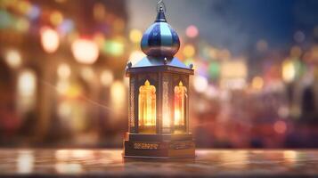 ornemental arabe lanterne à nuit. de fête salutation carte, invitation pour musulman saint mois Ramadan Karim, eid Al adha, établi en utilisant génératif ai La technologie photo