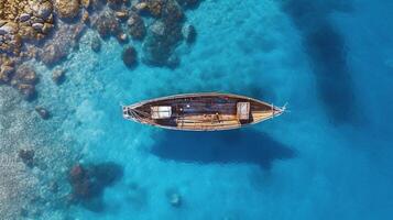 aérien vue de bleu mer vagues et fantastique rocheux côte, génératif ai La technologie photo