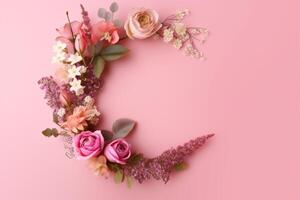 différent minuscule fleurs dans une bouquet sur une rose Contexte avec copie espace. plat disposition avec texte espace. romantique féminin appartement, génératif ai photo