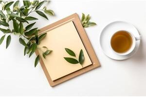 tasse de thé avec olive arbre branches isolé sur blanc table Contexte. plat poser, génératif ai photo