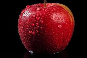 rouge Pomme avec l'eau gouttes isolé sur noir Contexte. ai génératif photo