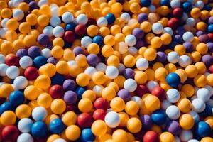 enfants Plastique des balles sur le Cour de récréation, rond des ballons dans arc en ciel brillant couleurs. génératif ai. photo