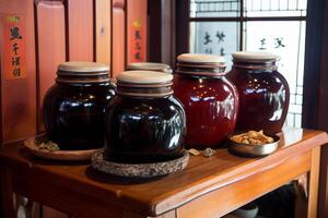 pots pour confiture sur une en bois tableau. ai génératif photo