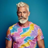 lgbtq vieux barbu homme Années 50 blanchi cheveux, portant pastel multicolore tee chemise taille en haut vue isolé sur bleu Contexte studio portrait, ai généré photo