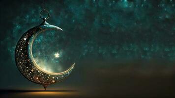 3d rendre de brillant croissant lune décoré avec étoiles sur grunge nuit Contexte. islamique religieux concept. photo