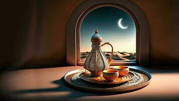 3d rendre de arabe cruche avec boules sur assiette et croissant lune à l'intérieur la fenêtre. islamique religieux concept. photo