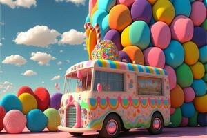 3d rendre, fantaisie coloré nourriture un camion de bonbons terre et des nuages Contexte. photo