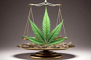 vert marijuana feuille sur Balance, cannabis légalisation génératif ai photo
