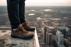 jambes homme sur le bord de une gratte-ciel bâtiment à haute altitude génératif ai photo