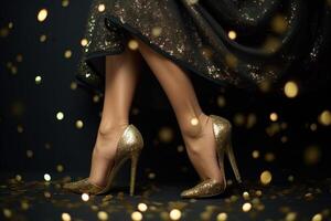 Danse femelle jambes dans soir brillant des chaussures avec bokeh lumières dans le Contexte génératif ai photo