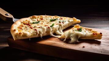 délicieux filandreux fromage Pizza tranches avec couteau sur en bois planche pour servi. nourriture la photographie, génératif ai. photo